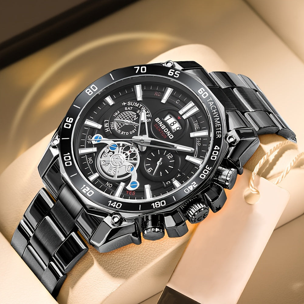 BINBOND Men's Luxury Quartz Watch - Sleek Black, Waterproof with Calendar & Luminous Hands, Stainless Steel Band, Date Display, Chronograph & World Time Features for Business Casual