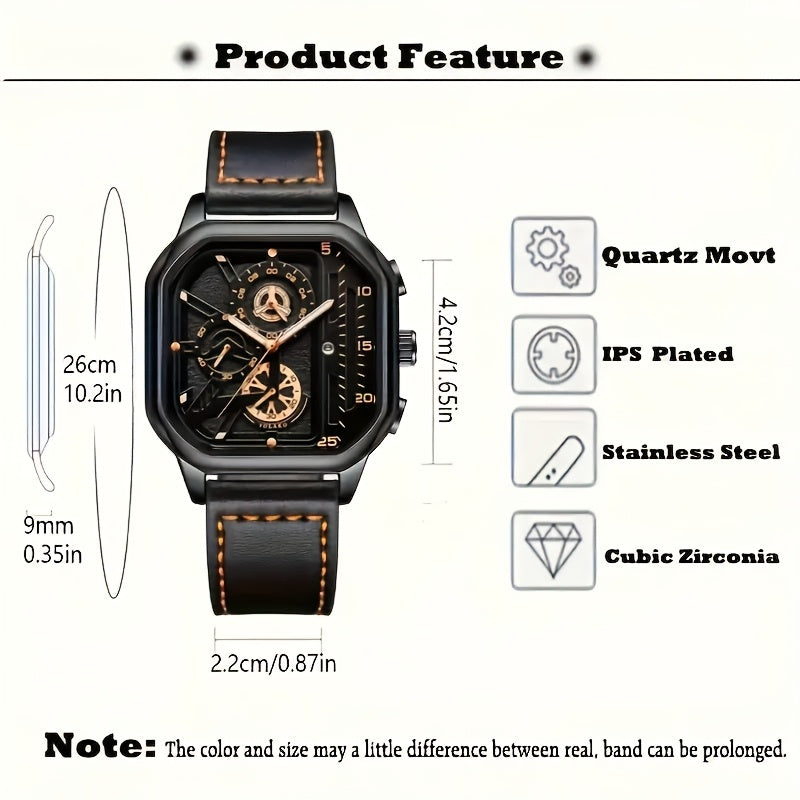 1pc Men'S Vintage Sports Chronograph Watch - Large Square Dial, Faux Leather Strap, Quartz Movement, Calendar Feature, Non-Waterproof Alloy Case, Battery Powered Electronic Drive, Ideal Gift for Him