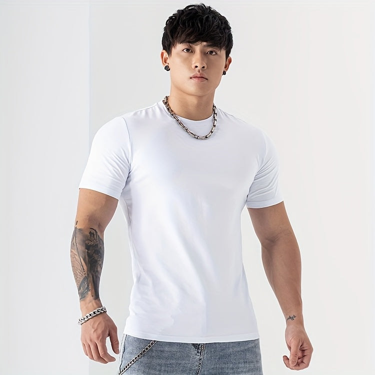 Men's Summer Athletic T-Shirt - Moisture-Wicking Stretch Fabric Slim Fit Round Neck Short Sleeve Tee for Gym, Running, Training - Solid Color Black, Gym Apparel | Machine Washable Top, Gym Shirts