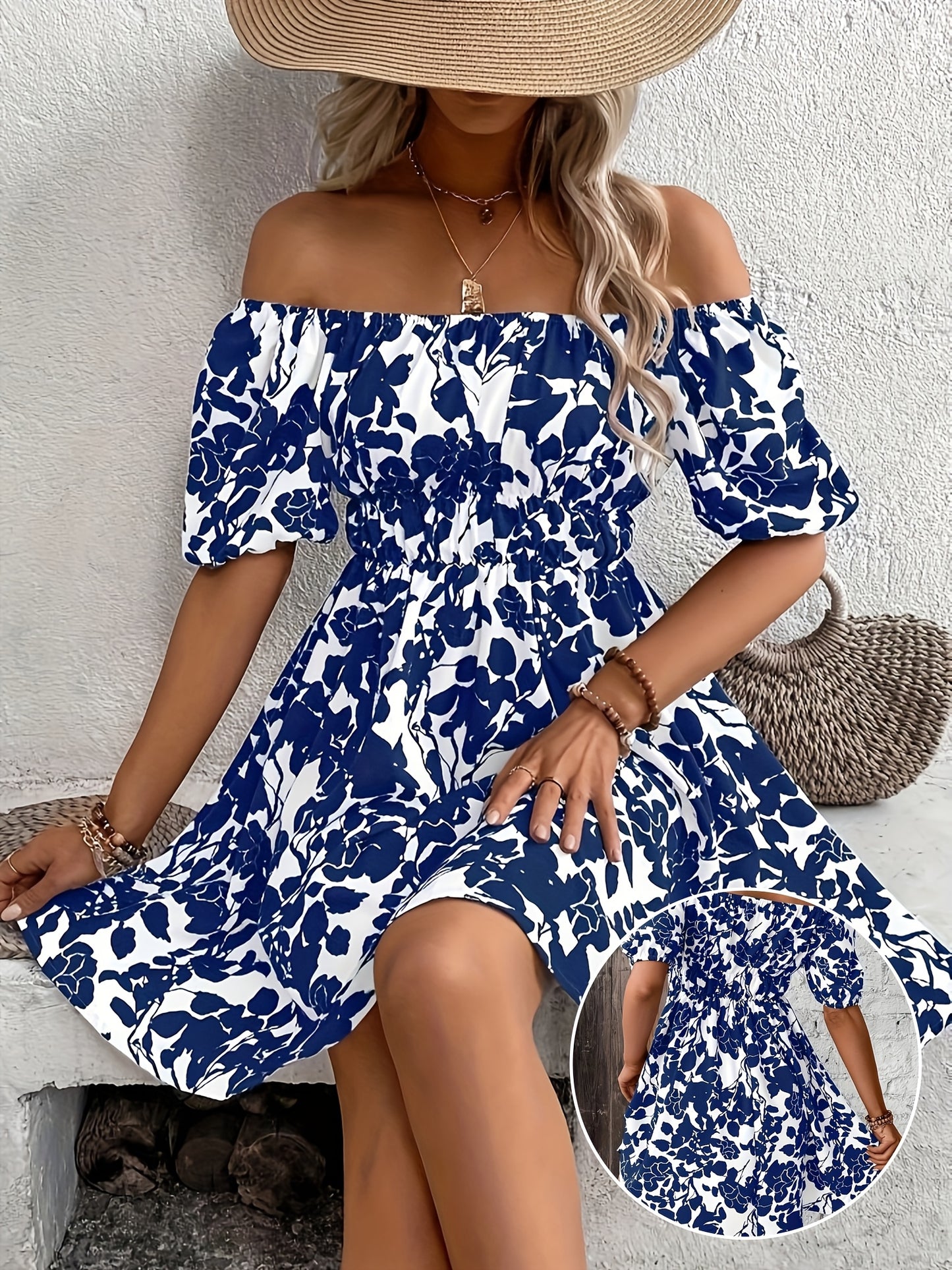 Leaves Print Off Shoulder Aline Dress, Vacation Style Short Sleeve Swing Dress For Spring & Summer, Women's Clothing