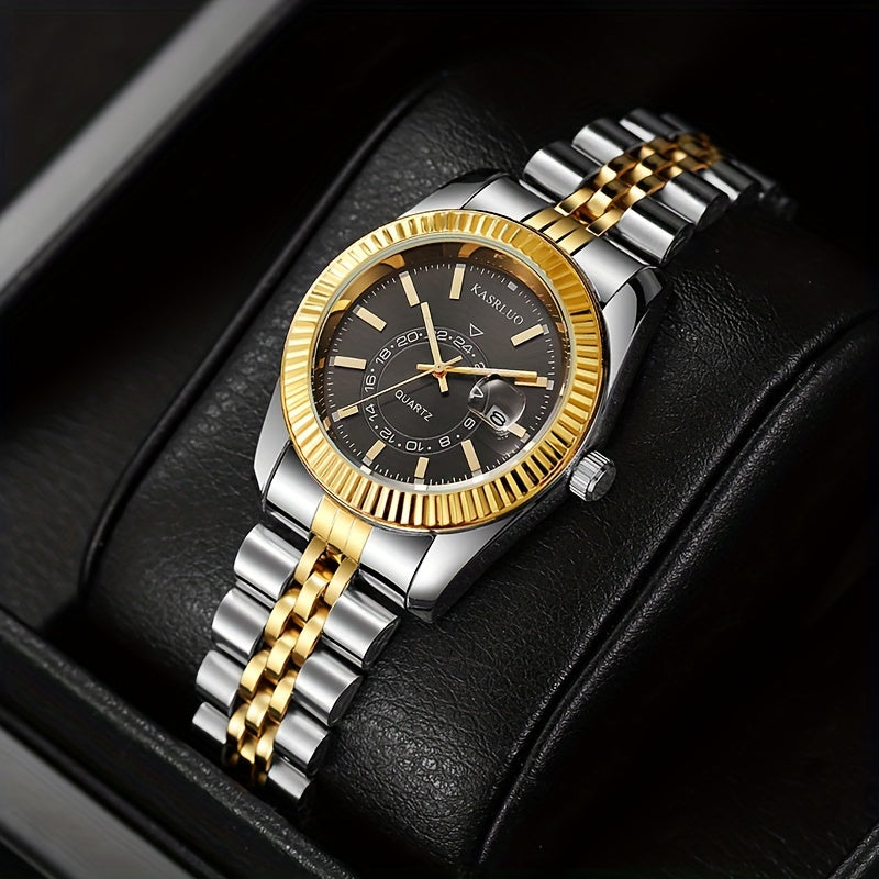 KASRLUO Elegant Women's Golden-Tone Stainless Steel Quartz Watch with Date Display, Analog Roman Numerals, and Adjustable Crown - Stylish Round Alloy Case & Band for Sophisticated Timekeeping, Fashion Accessory | Sophisticate