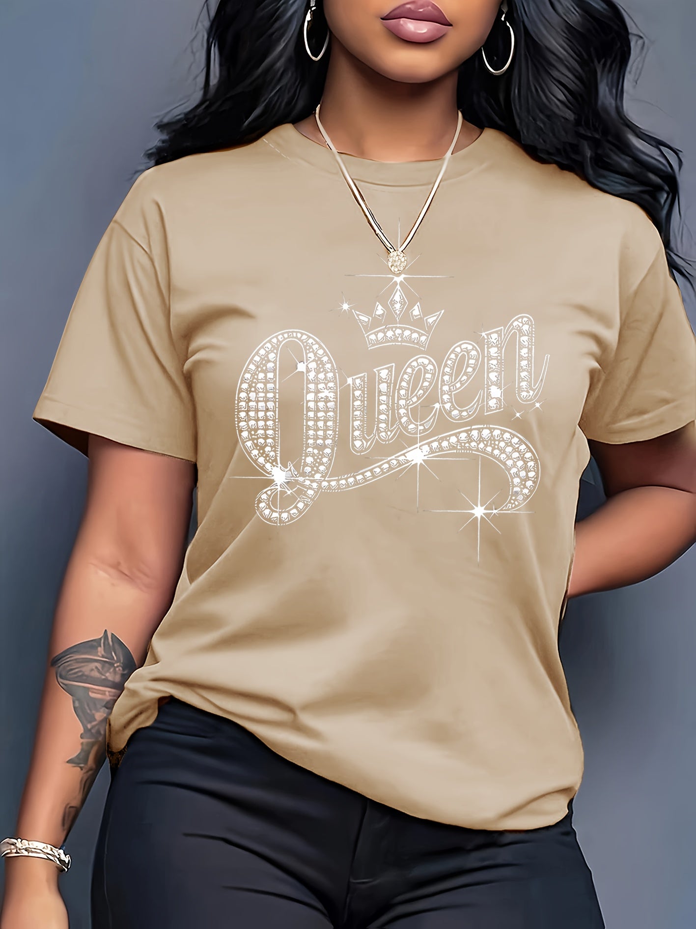 Sparkling Rhinestone Queen Crown Graphic Casual T-Shirt - Vibrant Orange Short Sleeve Round Neck Top with Medium Stretch, Machine Washable for Casual Attire & Parties, Cute T Shirts, Allseason Apparel, Party Wear, Mediumstret