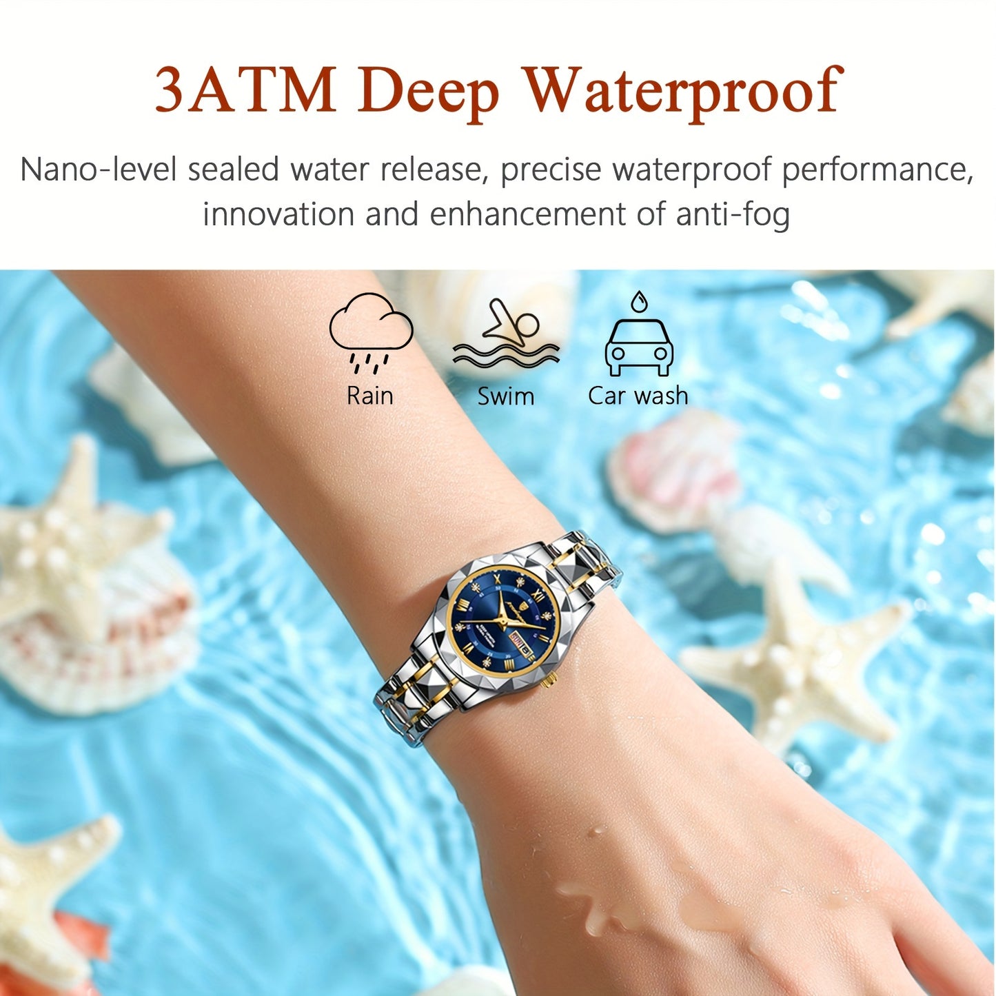 POEDAGAR Women's Elegant Stainless Steel Quartz Watch with Luminous Blue Dial, Roman Numerals, Date Calendar, IPX7 High Quality & -Accented Band for Casual & Formal Wear