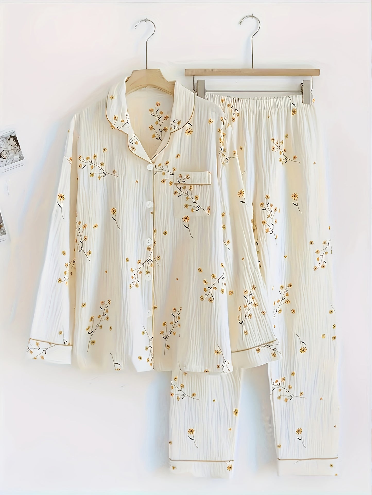 Sweet Floral Print Textured Pajama Set For Fall & Winter, Long Sleeve Button Up Lapel Collar Top & Elastic Pants, Women's Sleepwear & Loungewear