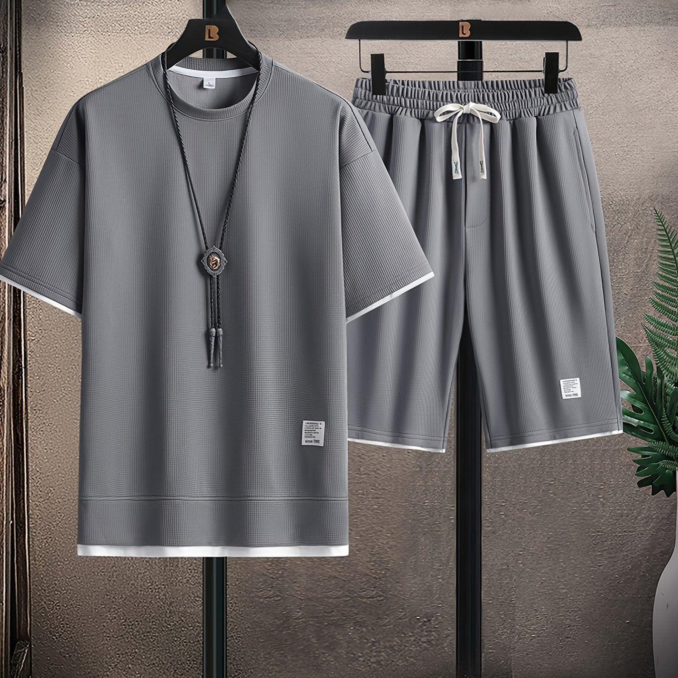 Waffle Grid Men's Trendy Round Neck T-shirt Breathable Casual Sports Suit Loose Two-Piece Set