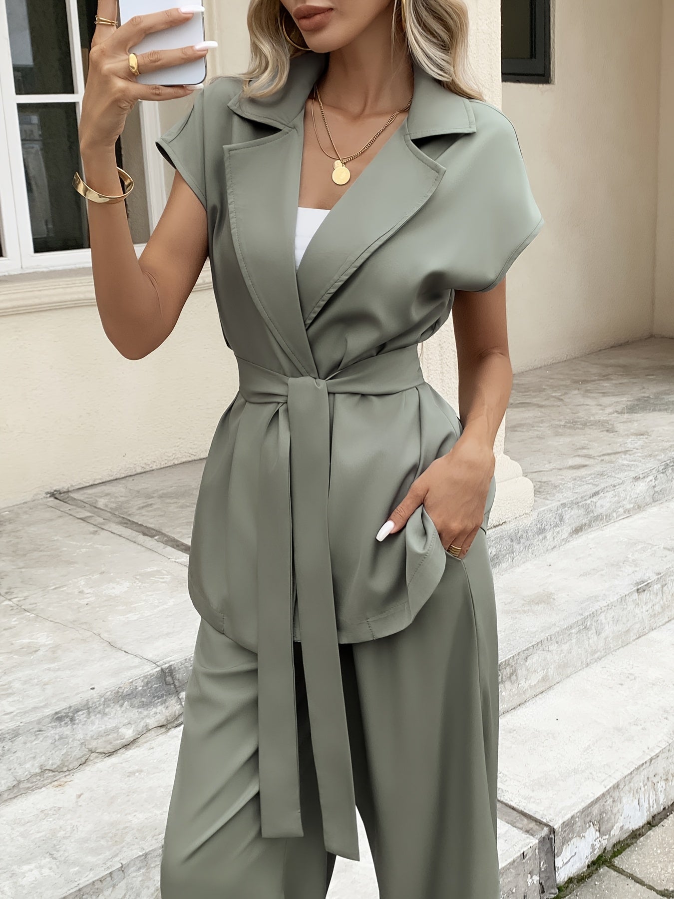 Women'S Elegant Drop Shoulder Suit Vest + Elastic Waist Ruched Pants Two-Piece Set with Belt
