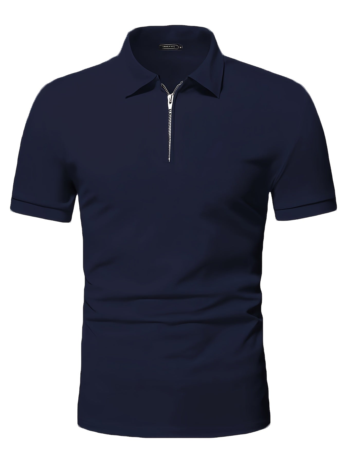 Casual Stretch Men's Solid Color Zipper Lapel Golf Shirt, Male Summer Streetwear