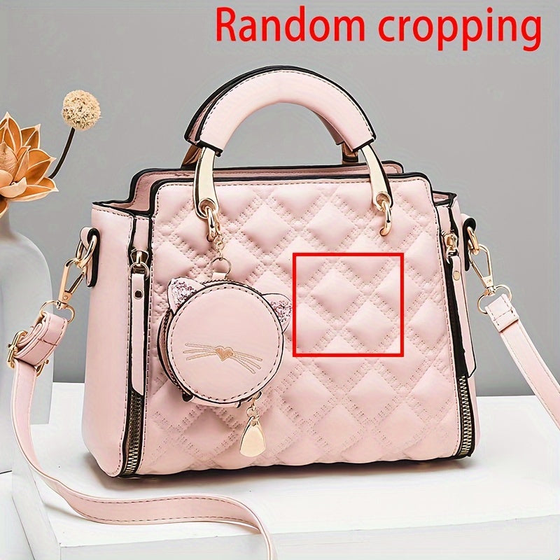 Women'S Fashion 2023 Embroidered Cat Design Messenger Bag, Removable Strap, Zipper Closure, Polyester Lined, Casual Shoulder Handbag with Edge Paint Detail