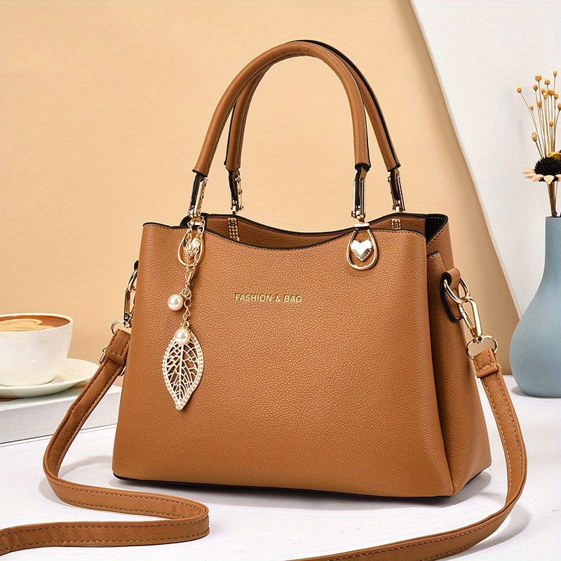 Elegant Wo 's Handbag with Detachable Shoulder Strap, Golden-Tone Hardware & Chic Leaf Charm - Stylish White Satchel for Everyday Use, Casual Chic Bag | Stylish Charm Handbag | Bag