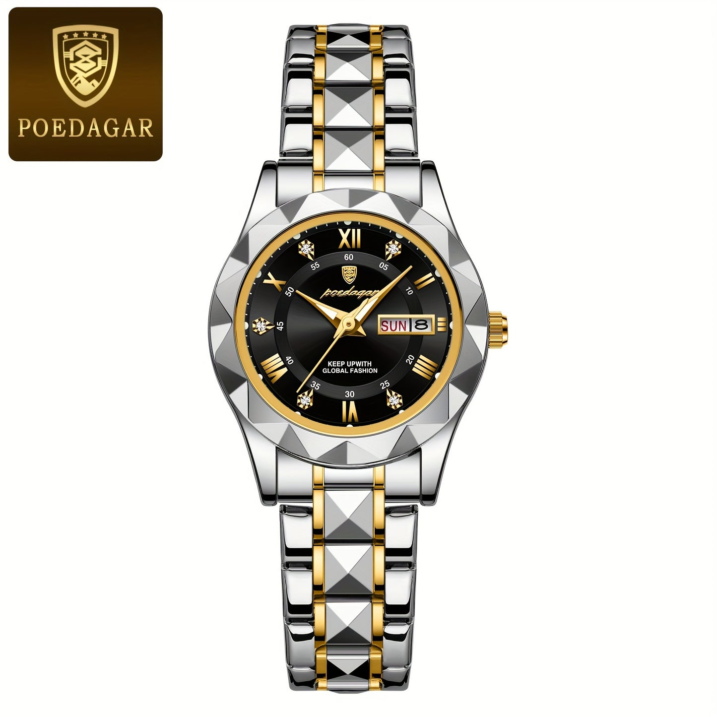POEDAGAR Women's Elegant Stainless Steel Quartz Watch with Luminous Blue Dial, Roman Numerals, Date Calendar, IPX7 High Quality & -Accented Band for Casual & Formal Wear