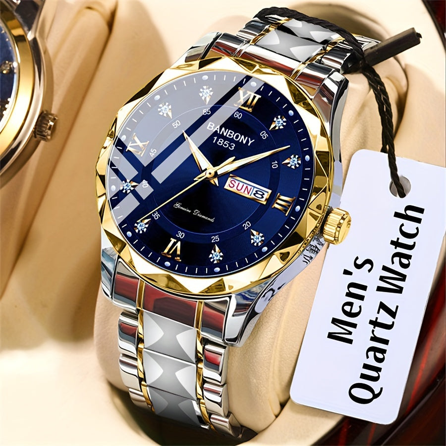 1pc Stainless Steel Strap Men'S Roman Numerals Dial Rhinestones Multifunctional Watch, Ideal for Birthday, Holiday Gifts Valentine'S Day