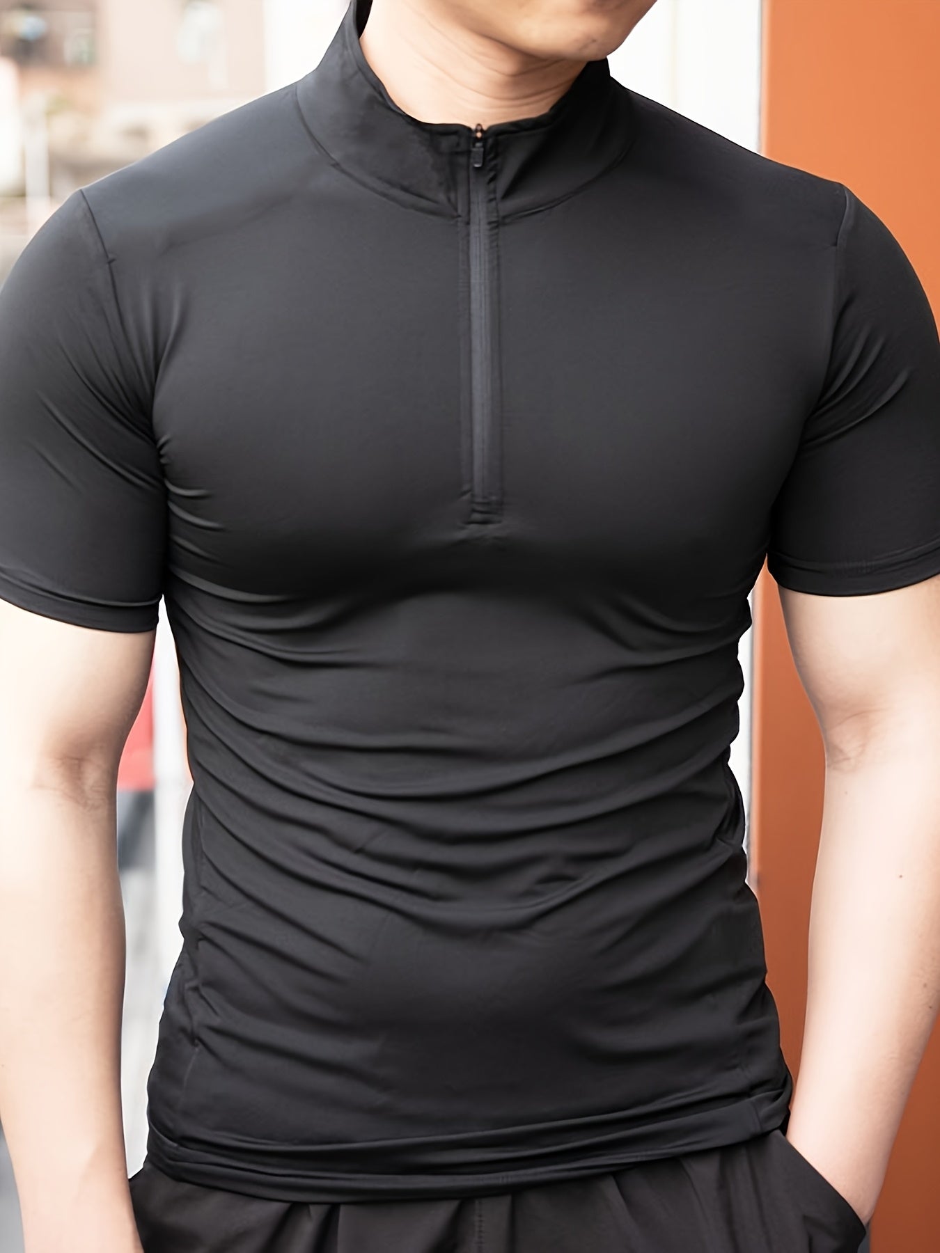 Men's Summer Quick-Dry High Neck T-Shirt - Moisture-Wicking Stretch Fabric, Slim Fit Athletic Top for Gym, Running & Training - Solid Color Breathable Workout Shirt, Gym Clothes