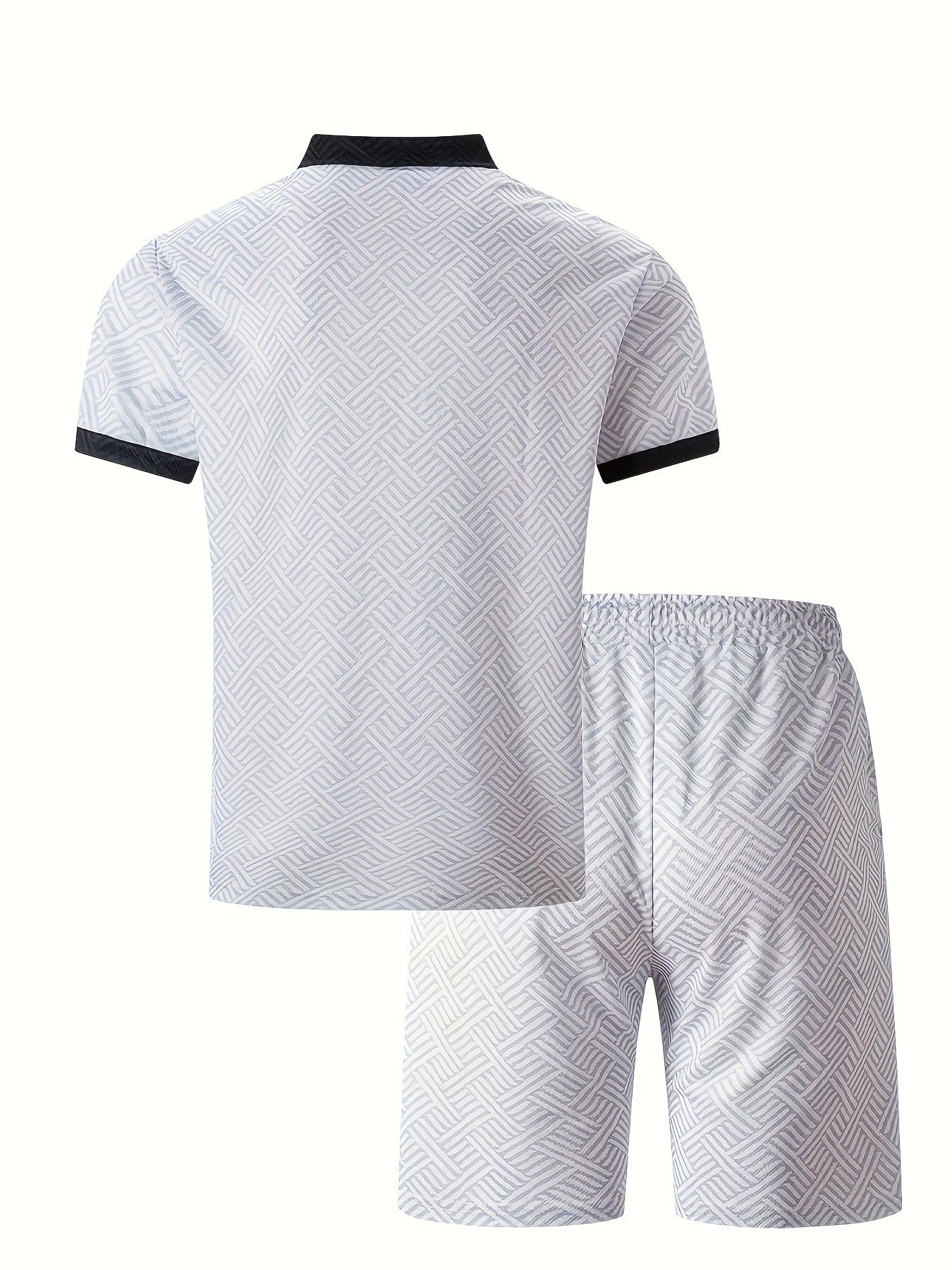 Men'S Tropical Print Casual Suit - Black Short Sleeve Zipper Shirt with White Pockets Shorts, Polyester, Machine Washable, Summer Beachwear, Summer Wear | Relaxed Fit Shirt | Woven Texture