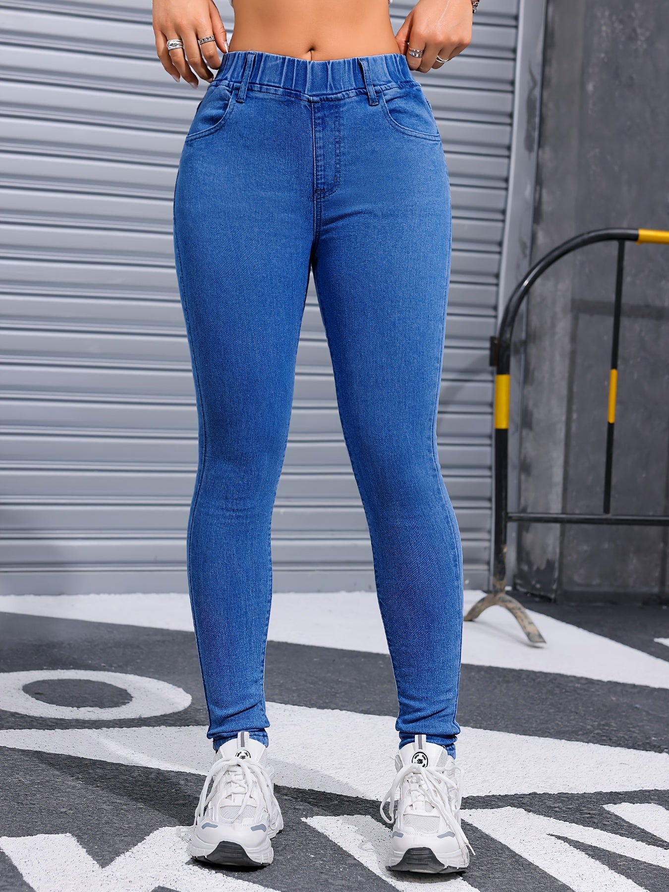 Women's High Stretch Skinny Jeans, Casual Solid Color Washed Denim, with Polyester and Elastane Blend, for All-Season Wear