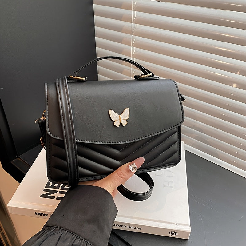Elegant Women's Crossbody Bag with Butterfly Embellishment - Quilted Black Synthetic Leather Handbag, Magnetic Closure & Adjustable Strap, Compact Everyday Shoulder Bag for Women, Crossbody Purse, Sophisticated Accessory