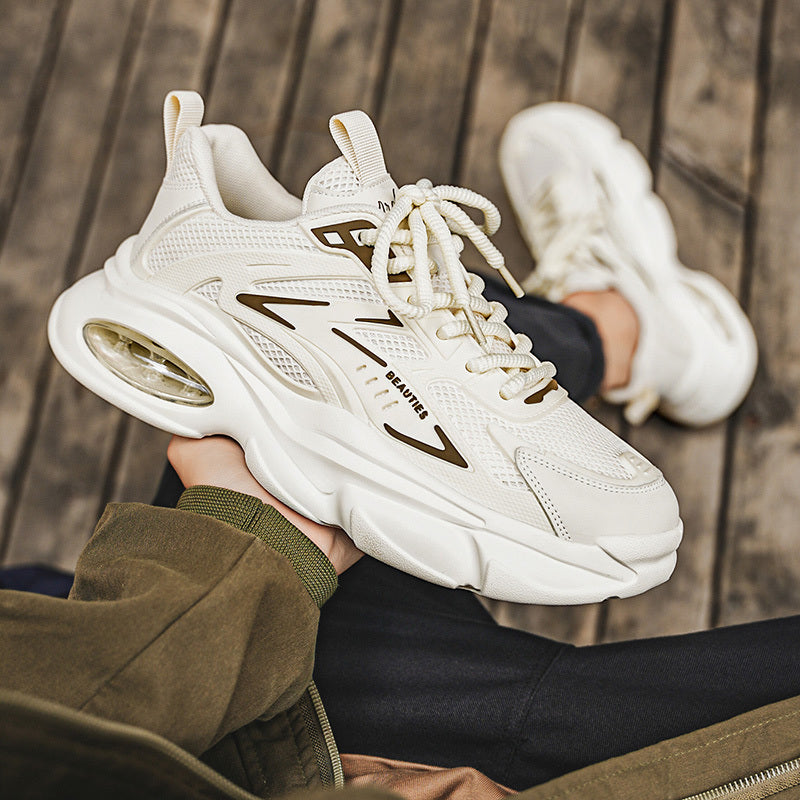 Men'S Breathable Mesh & Faux Low-Top Sneakers - Lightweight Cushioned Air Cushioning, White & Golden Accents, Lace-Up Casual Shoes for Running, Hiking, Gym & Casual Attire, Gym Shoes, Modern Sneakers, Fabric Lined Interior