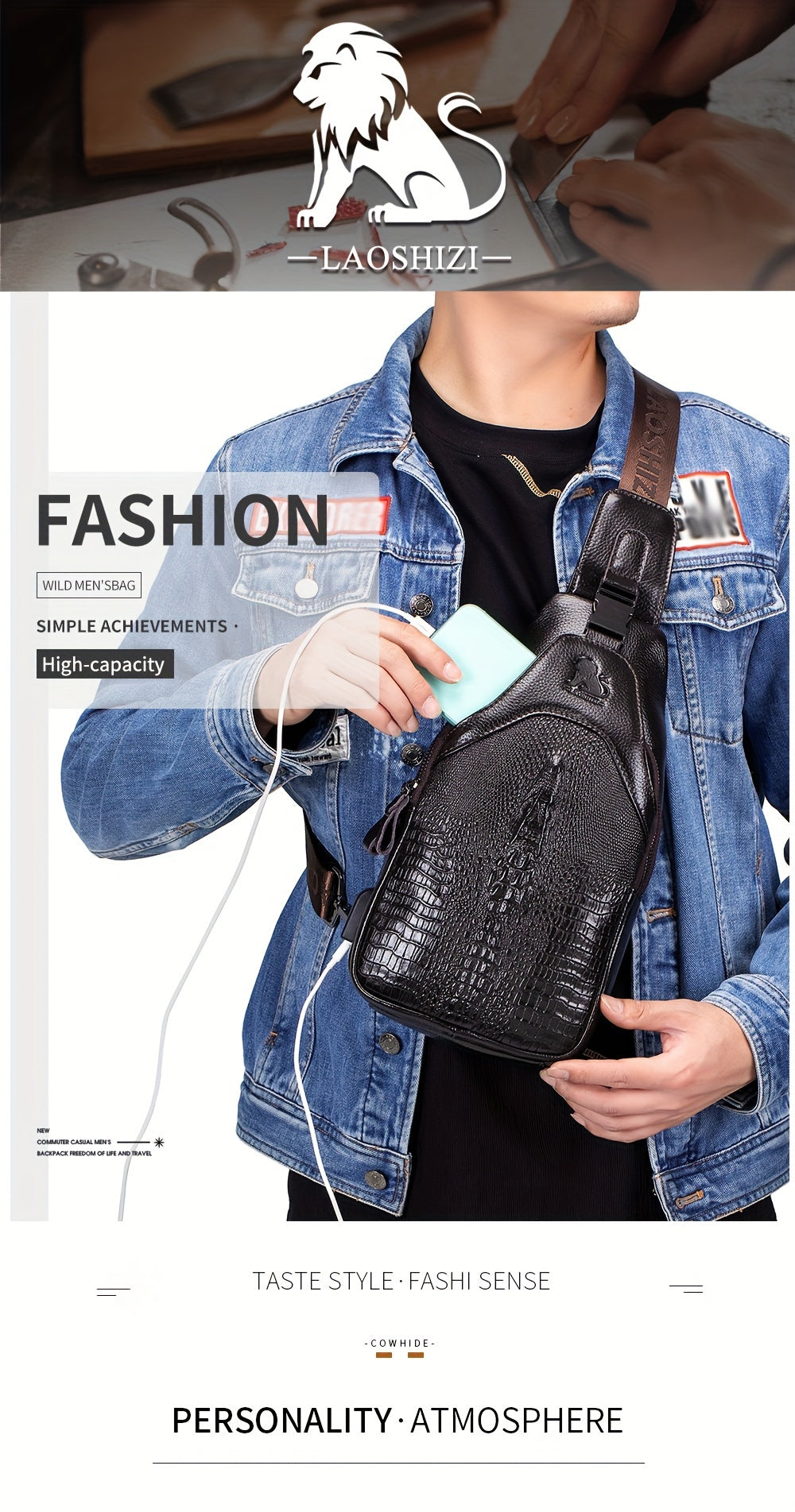 Men's Genuine Leather Crossbody Chest Bag, Top Layer Cowhide Genuine Leather Sling Bag, Large Capacity Double-Layer Chest Bag Shoulder Bag, Perfect for Valentine's Day, Teacher's Day, Back-to-School, Graduation, and Christmas