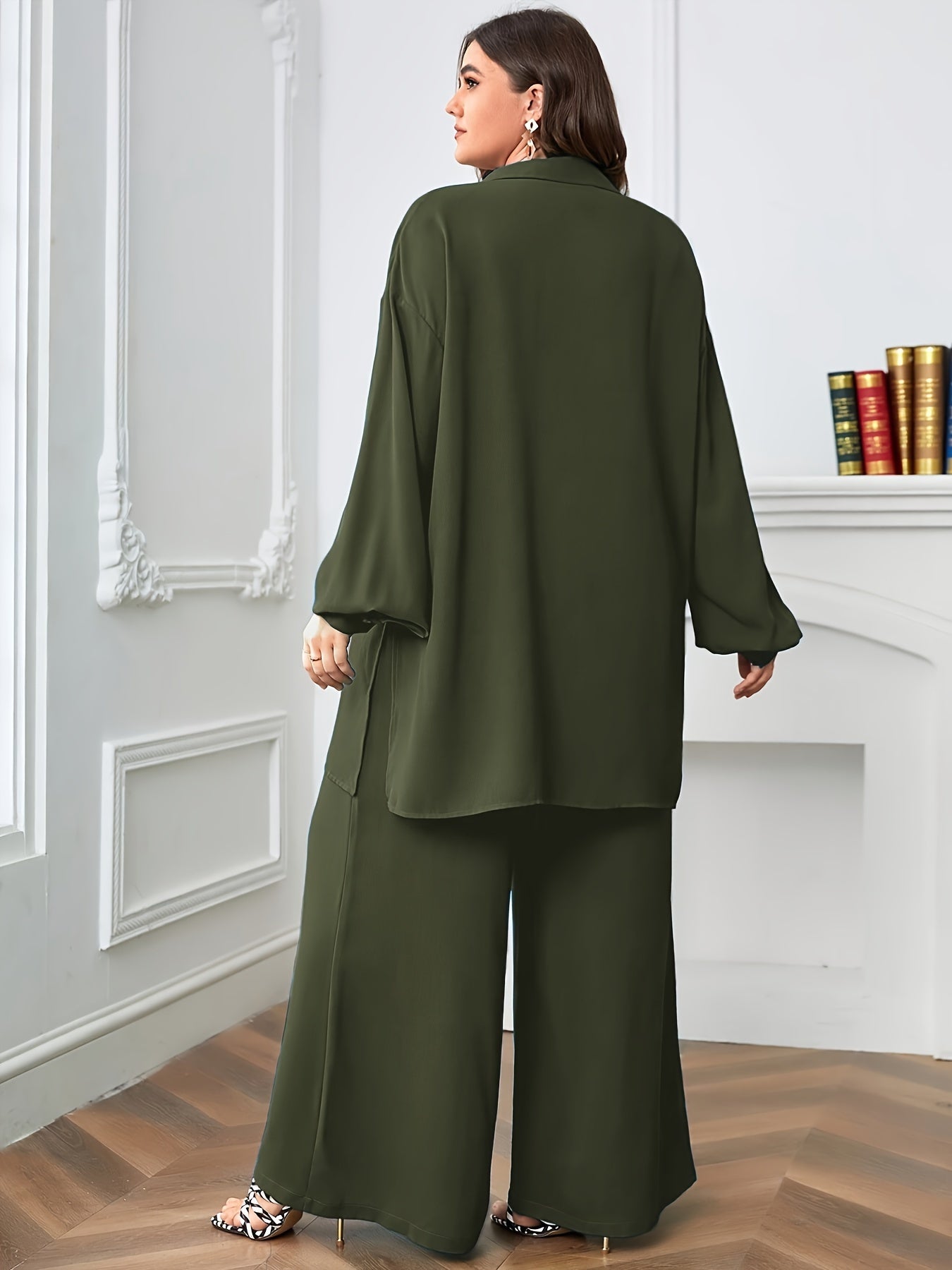 Elegant Plus Size Women'S Two-Piece Set: Stylish V-Neck Blouse & Wide Leg Pants - Perfect for Formal Occasions, Plus Size Blouses
