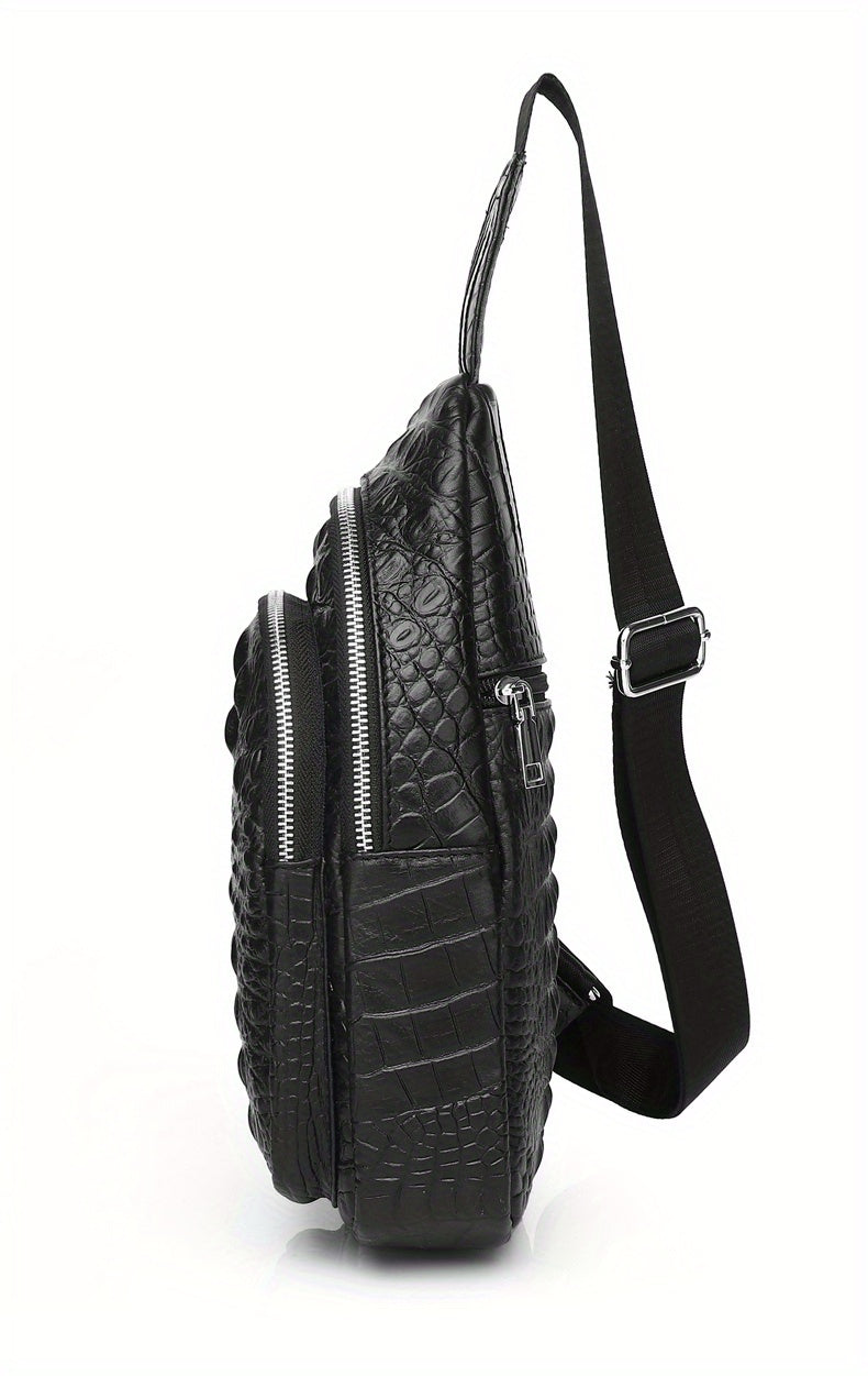 SCHLATUM Genuine Leather Crocodile Pattern Sling Bag - Black, Large-Capacity Multifunctional Crossbody Backpack for Travel, Sports & Camping, Stylish Zipper Closure Design