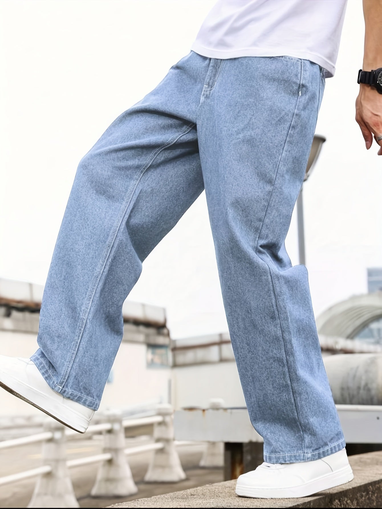 Men'S Loose-Fit Jeans, Cotton Blend Street Style Denim Pants, Non-Stretch Solid Color, Regular Length, with Multiple Pockets for All-Season Wear
