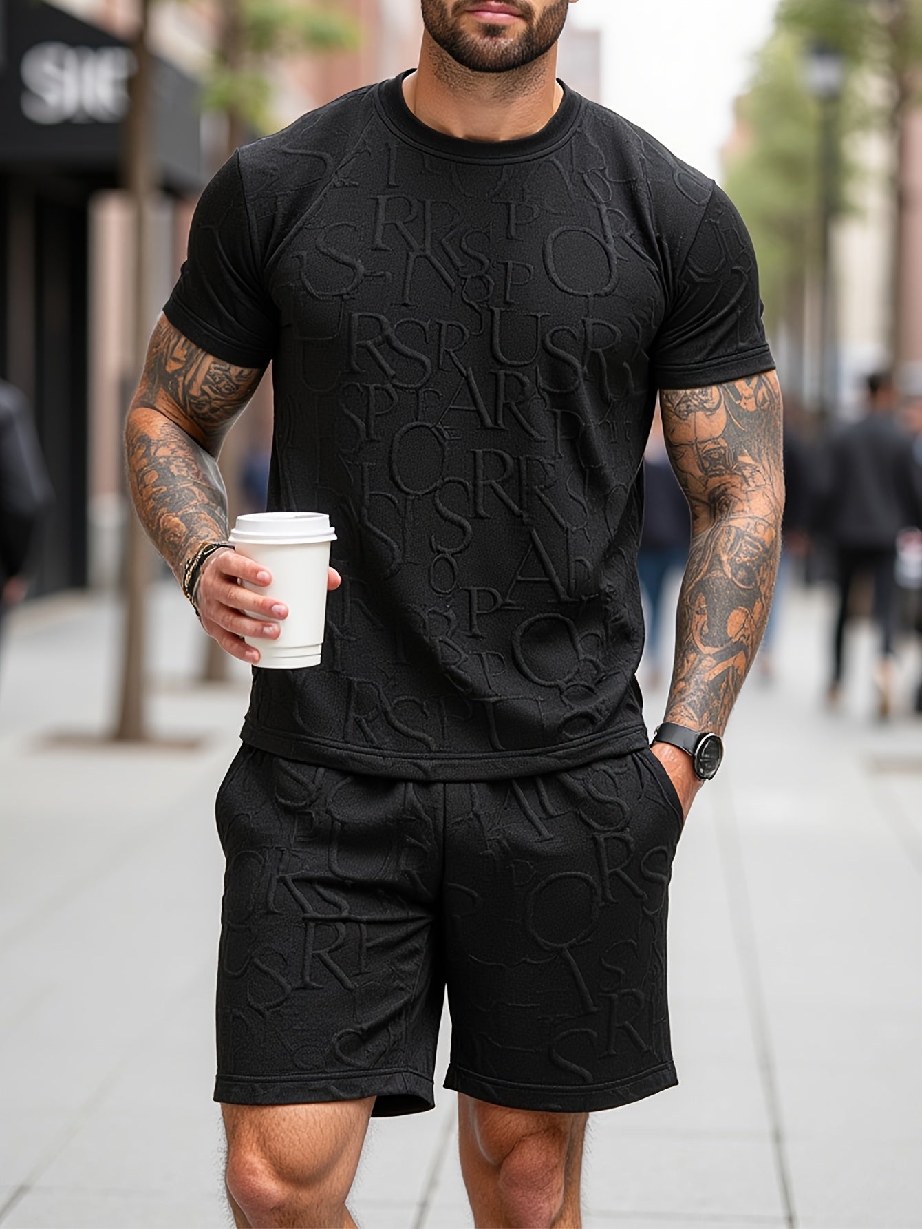 European and American Style Men's Fashion Set with Letter Pattern Round Neck Short Sleeve T-shirt + Shorts
