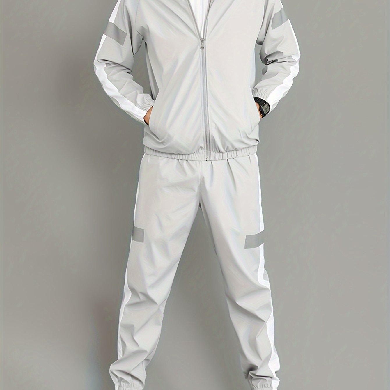 Men's Casual Sportswear Set - Black and White Striped Zip-Up Jacket with Reflective Accents & Matching Joggers, Polyester, Machine Washable, Ideal for Spring & Fall, Jogging Pants