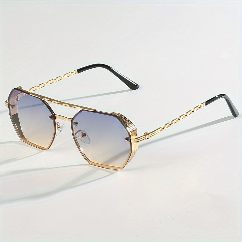 1pc Stylish Polygonal Golden Frame Fashion Glasses with Chain Link Design - Black Metal Fashion Glasses for Fashion-Forward Look
