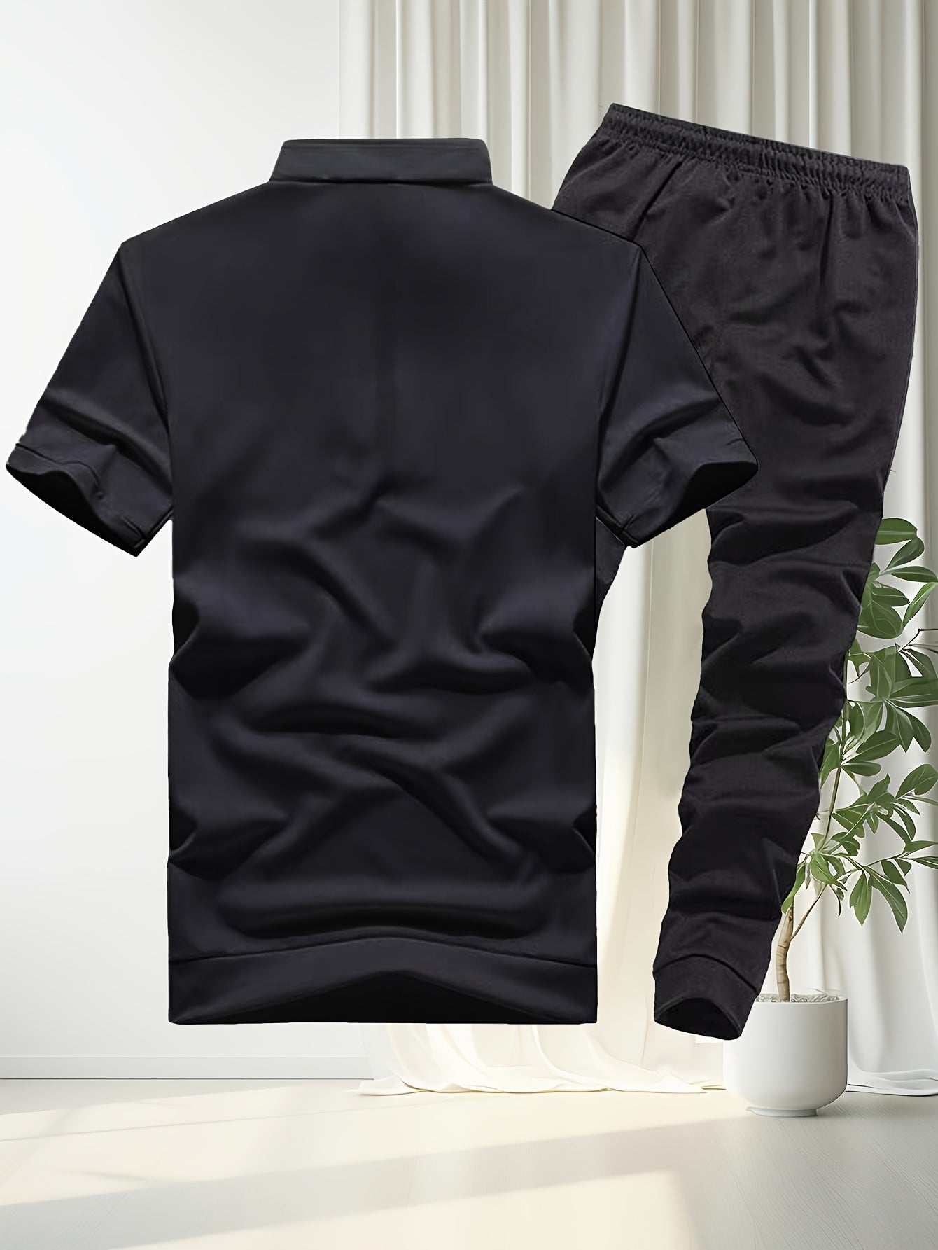 Men'S Casual Summer Two-Piece Set - Loose Fit Short Sleeve Zipper Polo Shirt & Joggers with Side Stripes, Polyester, Ideal for Hot Weather, Summer Casual Wear|Striped Pattern|Polyester Fabric