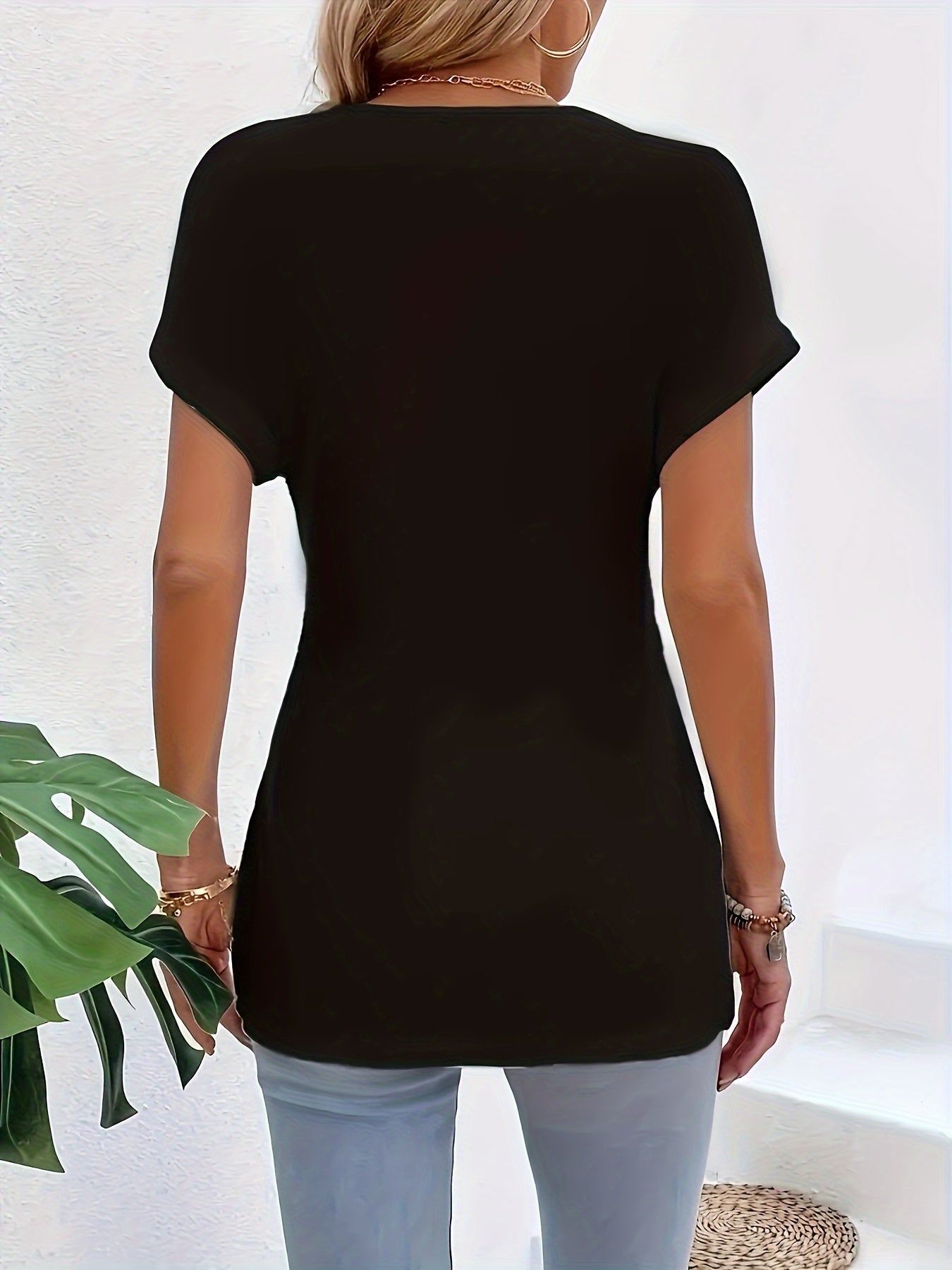 Guipure Lace V-neck Split T-Shirt, Vintage Short Sleeve T-Shirt For Spring & Summer, Women's Clothing