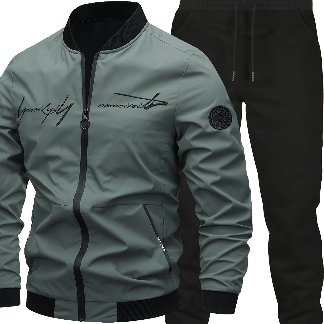 2pcs Men's Classic Bomber Jacket & Jogging Pants Set - Sleek Black with Letter Embroidery, Elastic Cuffs & Waistband, Durable Polyester, Perfect for Outdoor Activities & Casual Wear, Jogging Suits