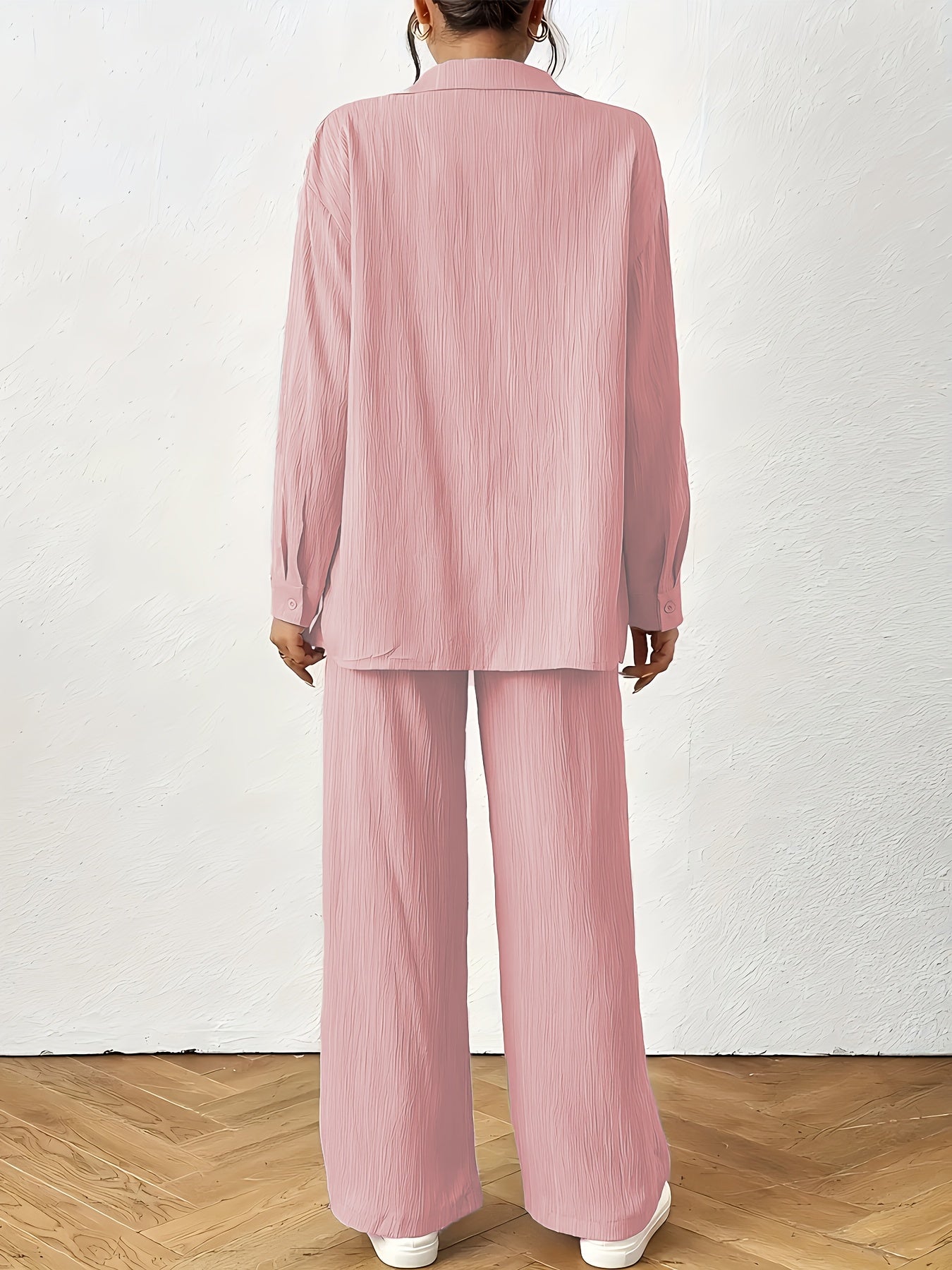 Women'S Casual Solid Color Long Sleeve Shirt + Long Pants 2pcs Set for Spring And Autumn.