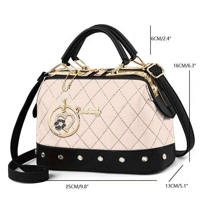 Black Quilted Boston Bag with Golden-Tone Hardware & Adjustable Strap - Elegant Heart Rhinestone Charm, Pattern, and Stylish Stud Details for Wo