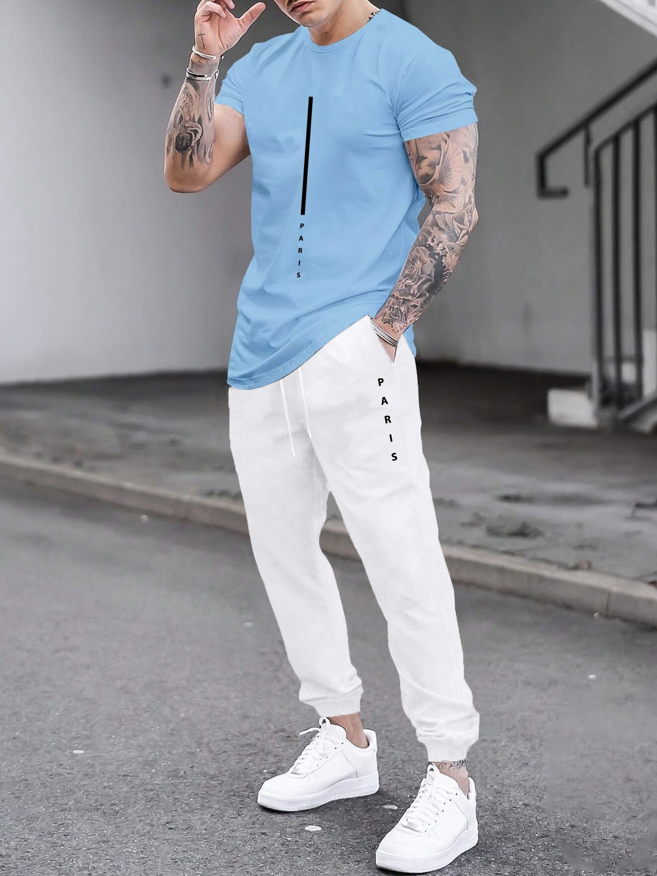1set Men'S Casual Sportswear Set, Geometric Pattern Short Sleeve T-Shirt and Drawstring Joggers, Knitted Polyester and Elastane Blend, Round Neck, Regular Fit, Four Seasons Outfit