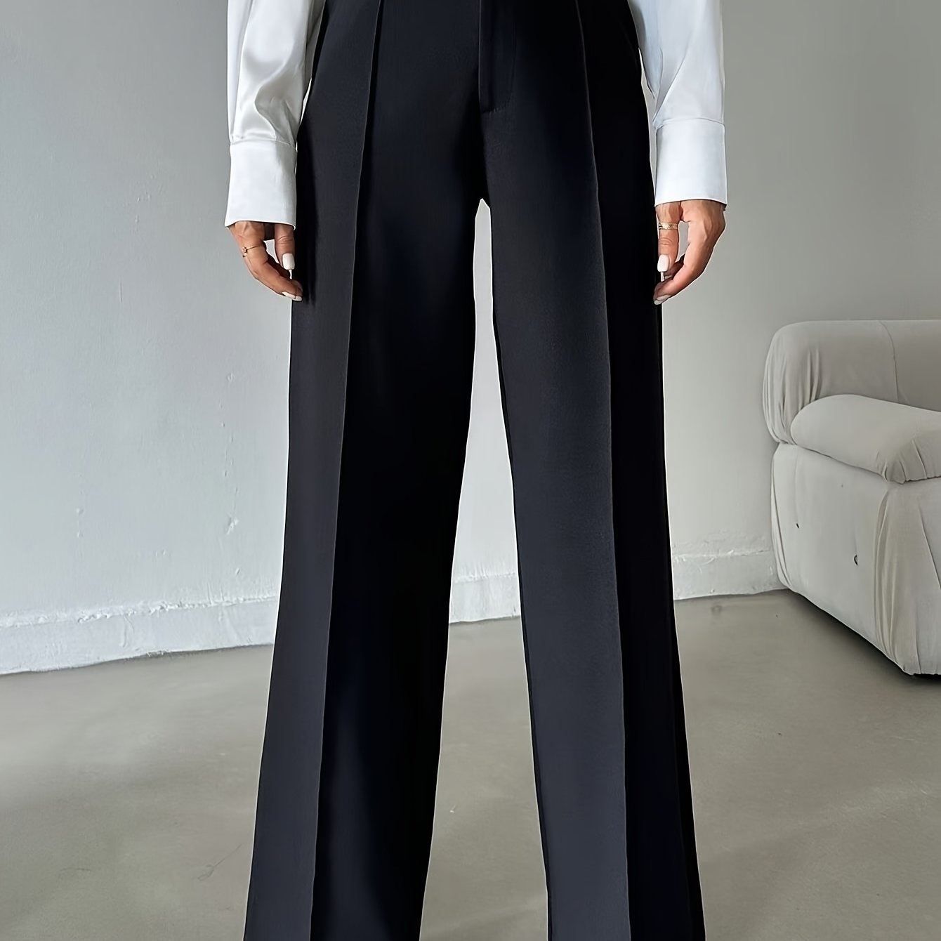 Ladies Elegant Solid Color Straight Leg Polyester Pants 99110643 with Pocket for Adult