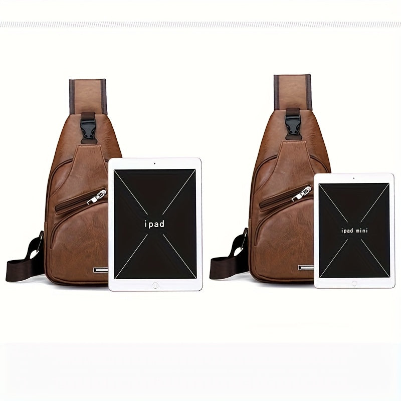 2025 New Men'S Fashion Chest Bag - Soft Faux Leather Anti-Theft Crossbody Bag with Multiple Compartments, Adjustable Strap & Zipper Closure for Gym, Travel, Casual Outings (Brown), Secure Travel Pouch, Textured Finish