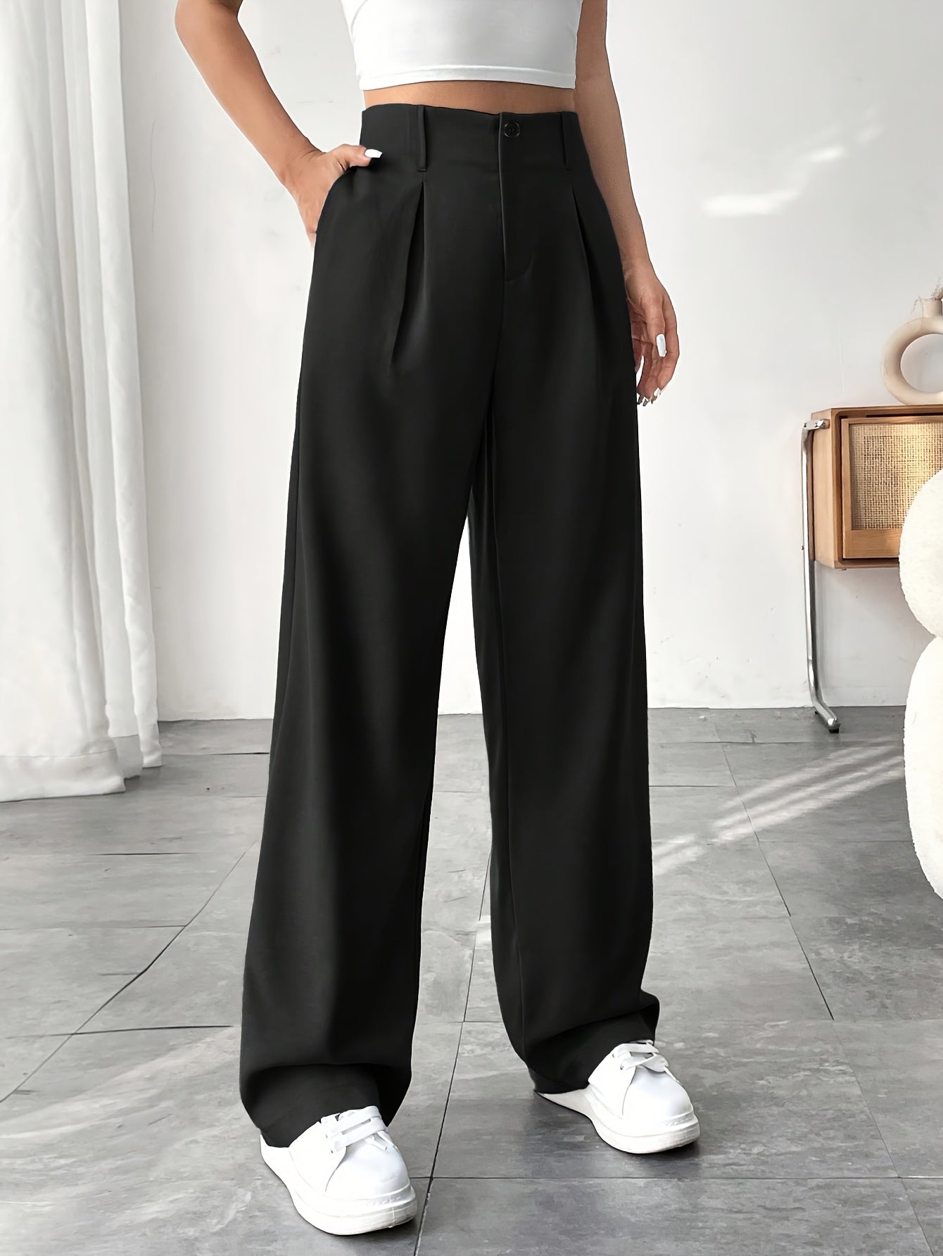 Elegant Style, Women's Elegant Black Straight-Leg Pants with Pockets - High Waist, Polyester Blend, Machine Washable, Ideal for Office and Casual Settings