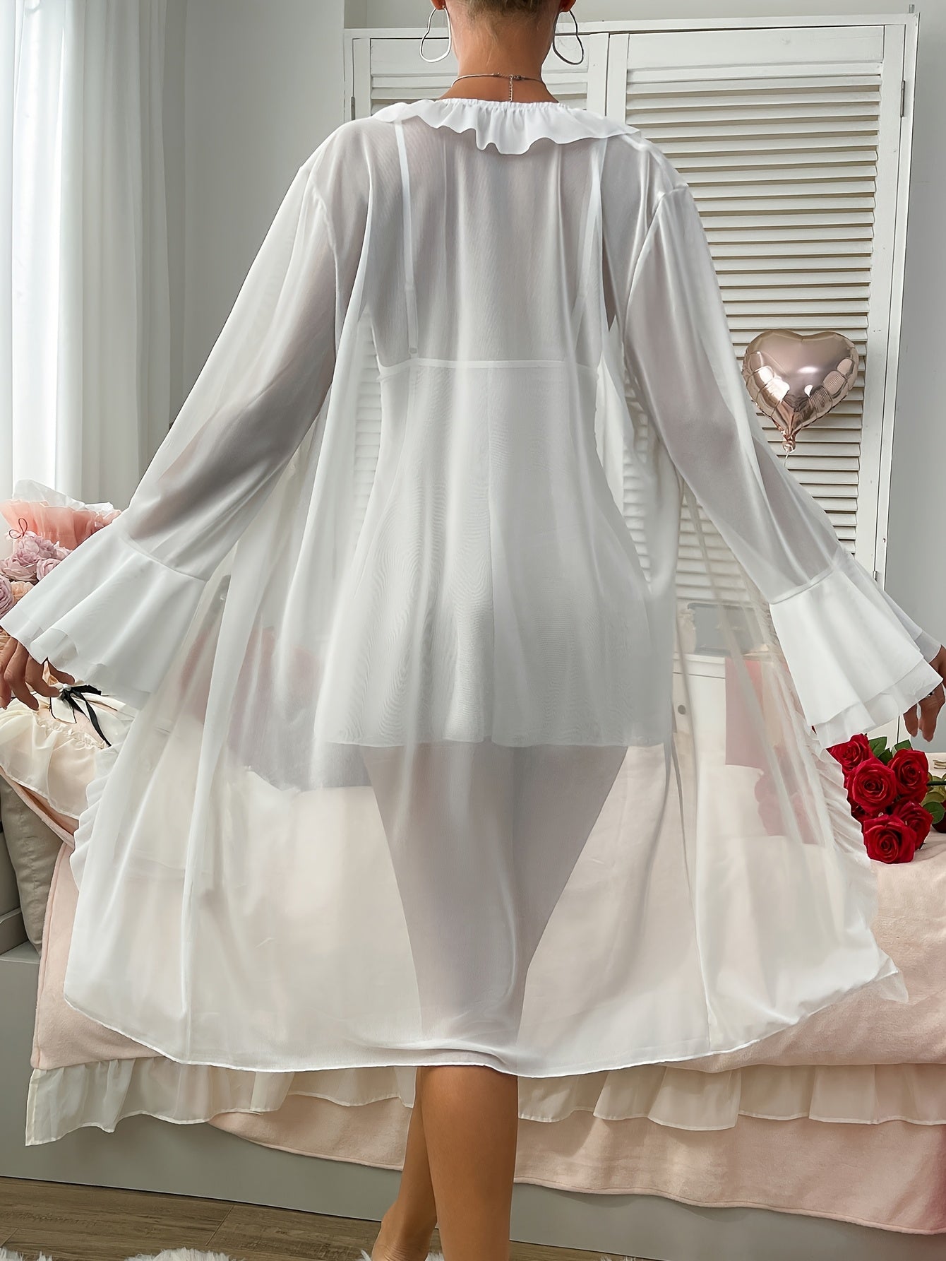 Sexy Mesh Semi-Sheer Strap+Cute Ruffle Long Sleeve Lightweight Mesh Outerwear Pajama Set