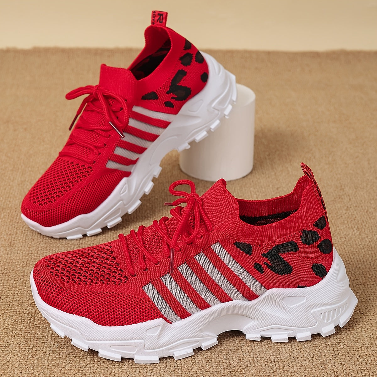 Women's Fashion Leopard Print Lace-Up Sneakers, Breathable Mesh Walking Shoes for Spring/Summer, Lightweight Comfortable Casual Sports Control Footwear with PVC Sole and Microfiber Insole