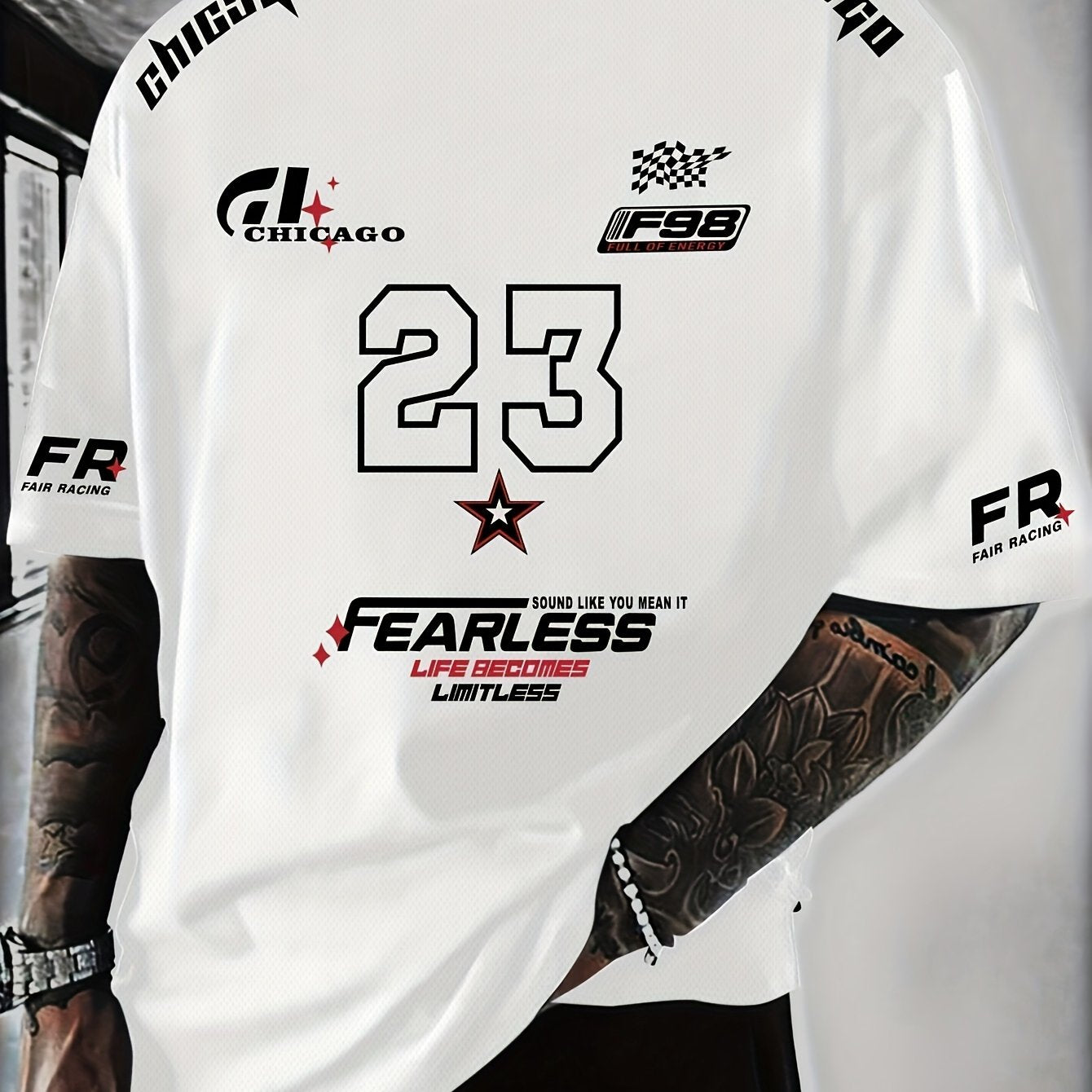 A Men'S Racing Icon #23 3D Print Short-Sleeve T-Shirt - Casual Streetwear, Breathable Sportswear, Round Neck, Summer Fashion Top, Unique Letter Print Design, Made of 100% Polyester, Slightly Stretchy Knitted Fabric, Suitable