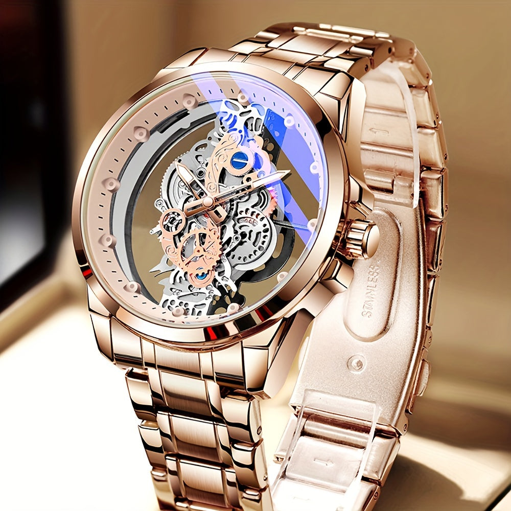 TPW Men's Rose Golden Skeleton Luminous Quartz Watch - Glamorous Luxury Wristwatch with Exposed Movement, Comfortable Metal Band, Father's Day Gift for Him, Luxury Men's Watch | Romantic Watch Design | Rose Golden Finish