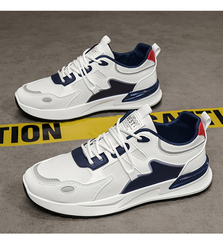 Men's Plus Size Breathable Mesh Casual Sneakers - Low-Top Lace-Up Walking Shoes with Cushioned PVC Sole, All-Season Outdoor & Daily Wear in White/Navy/Red Accents, Outdoor Footwear | Modern Sneakers | Durable Fabric Shoes