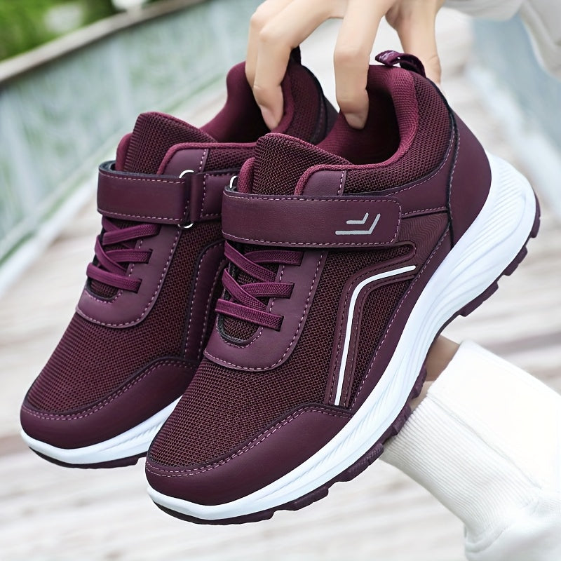 Women's Breathable Mesh Sneakers - Maroon Low-Top Casual Sneakers with Adjustable Hook-and-loop Fastener Strap & Laces, Comfortable Fabric Insole, All-Season Round Toe Design, Breathable Footwear | Stylish Mesh Sneakers | Adj