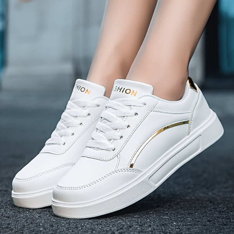 Youngsters' Fashion Sneakers - White PU Upper with Golden Accents, Comfortable & Lightweight Casual Running Shoes for Boys and Girls, All-Season Wear, Low-Top Lace-Up Design, Outdoor Youngsters's Footwear | Fabric Lined Inter