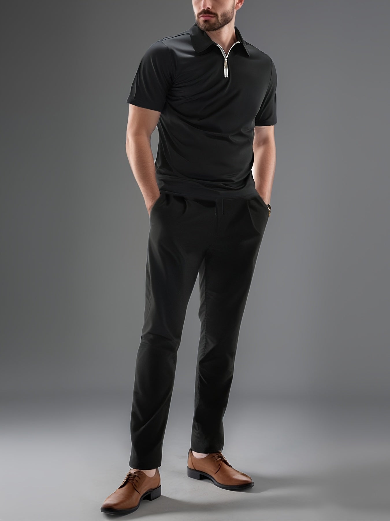 Men'S Casual 2pcs Set Knitted: Zipper Short Sleeve Shirt and Drawstring Pants - Black, Polyester, Suitable for Spring/Summer Casual Wea