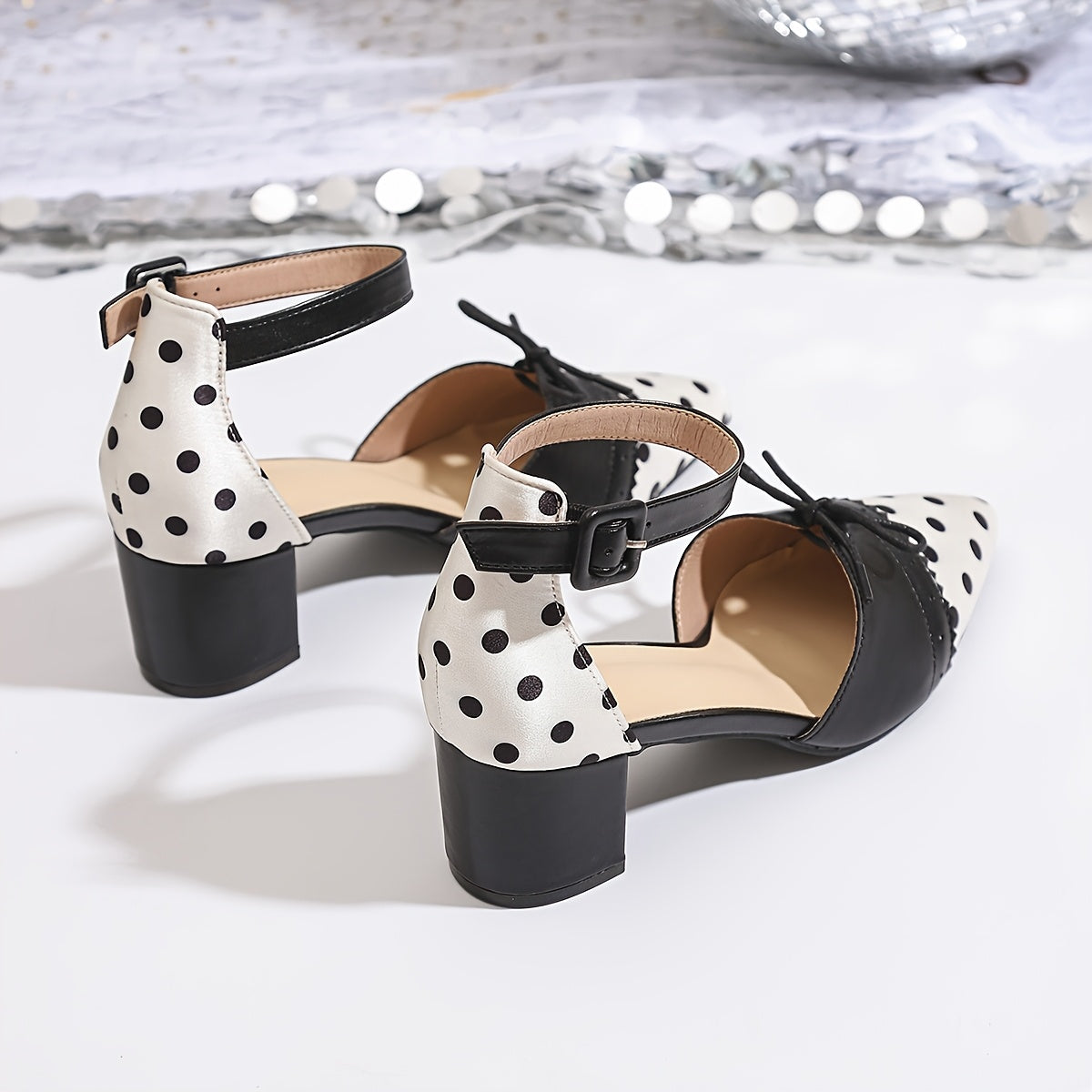 Women'S Sexy Polka Dot Mary Jane Pumps with Bow Detail - Pointed Toe, Block Heel, Ankle Strap, Summer Fashion Show Shoes, Hollow Design, Synthetic Cover & Rubber Sole, Summer Fashion Shoes | Polka Dot Pattern | Rubber Sole Fo