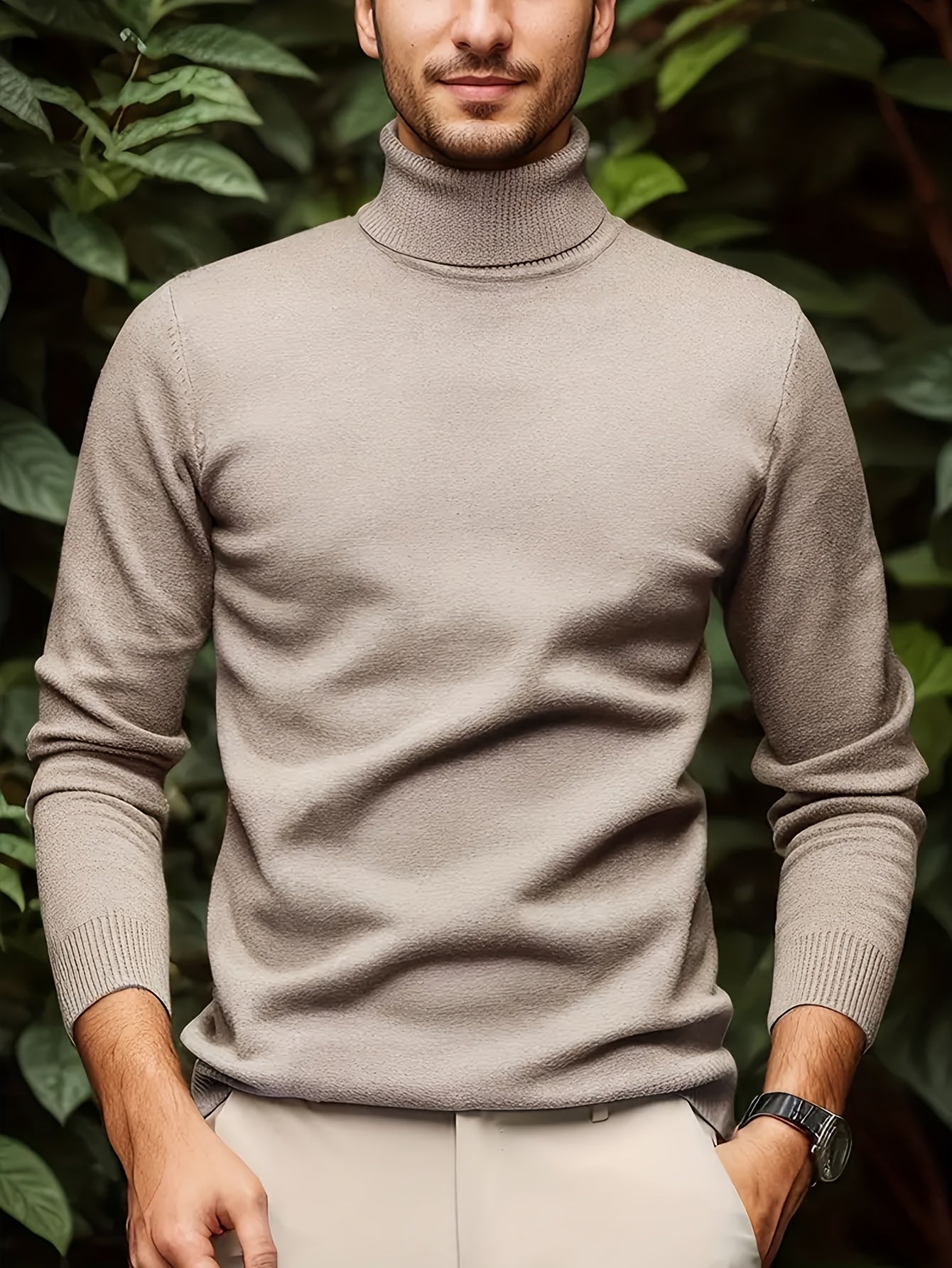 Men's Sleek Light Blue Turtleneck Sweater - Casual Knit Pullover with Ribbed Cuffs, Long Sleeves for Fall/Winter, Soft Viscose Blend