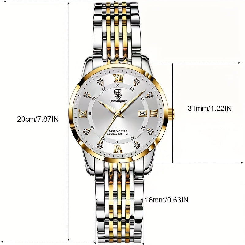 POEDAGAR Elegant Luxury Quartz Watch for Women - Waterproof, Luminous Calendar, Ultra-Thin Movement, Stainless Steel Band, Round Alloy Case, Ideal for Parties and Holidays