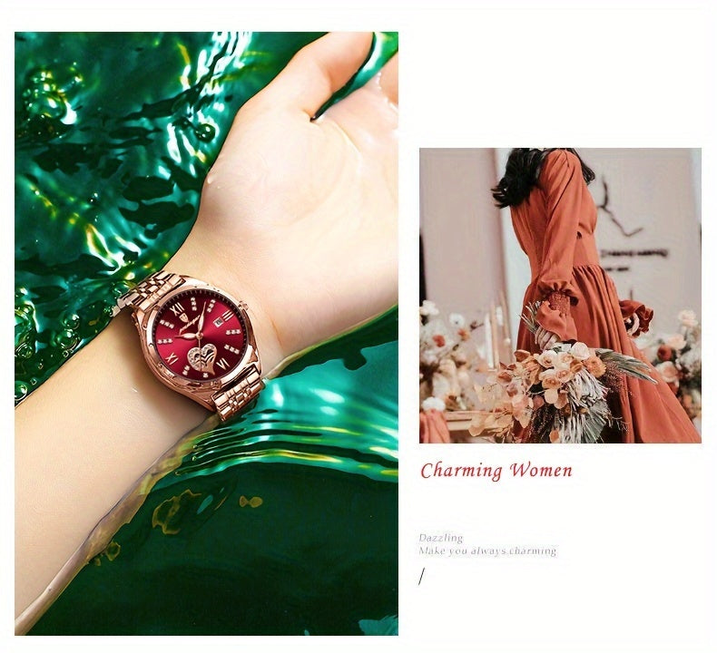 POEDAGAR Elegant Women's Quartz Watch - Rose Golden-Tone Stainless Steel, Luminous Hands & Calendar,, Date Display with Heart Detail