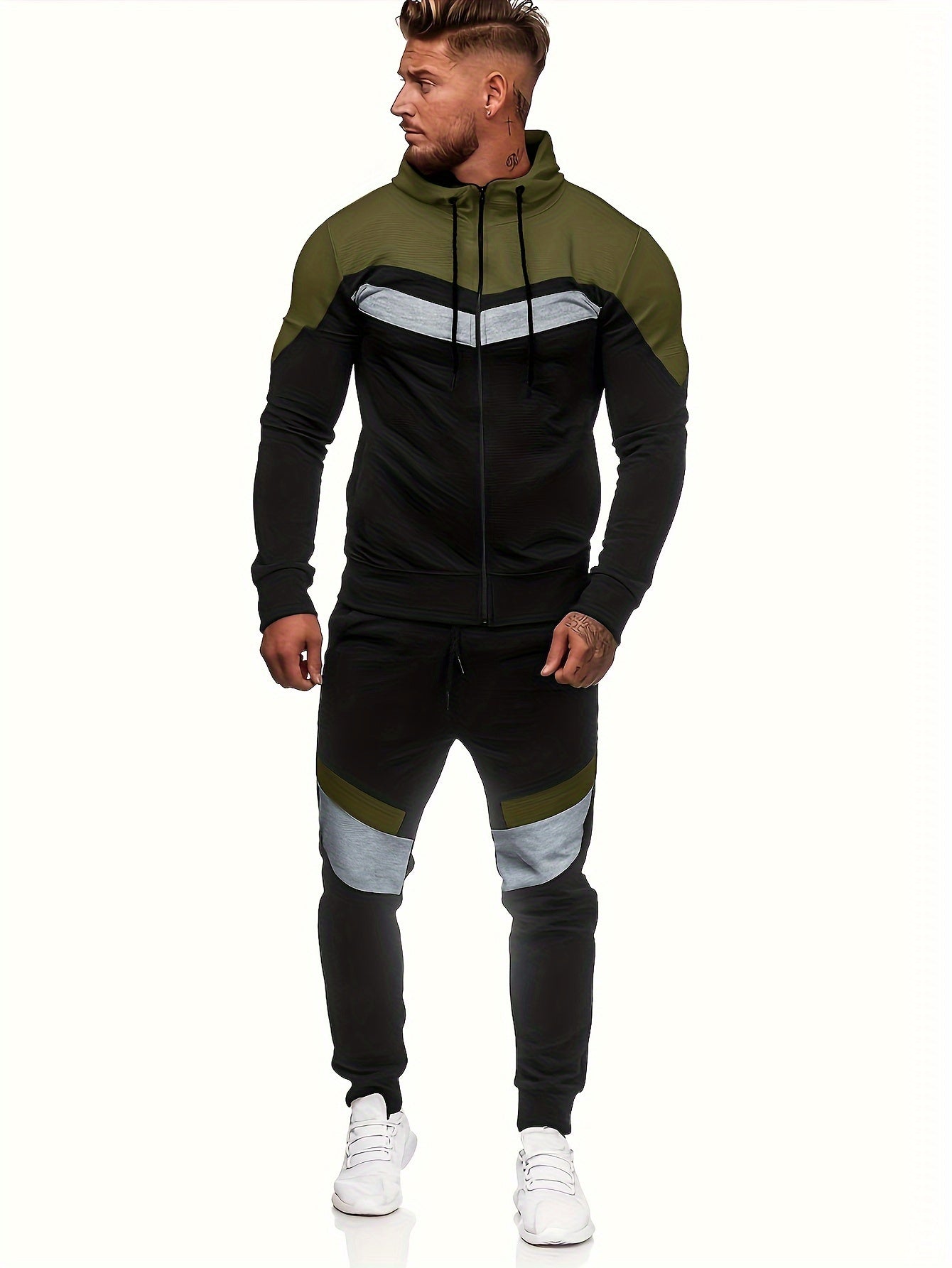 Men'S Autumn and Winter Fleece Sweatshirt Set with Hooded Drawstring Patchwork Sweatpants Casual Sporty Style Long Sleeve Jacket