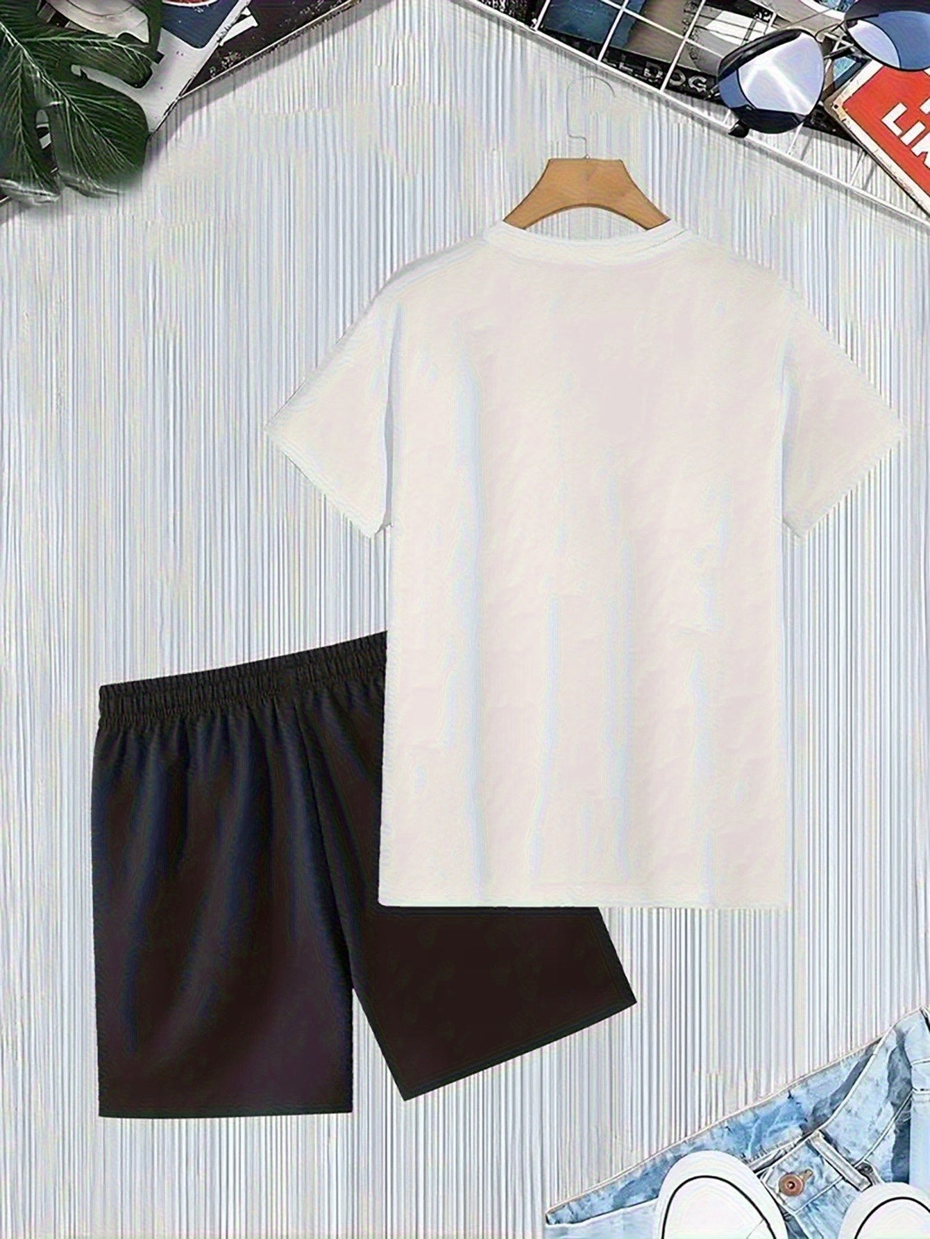 Men'S Summer Casual Sport Two-Piece Set - LADA Letter Pattern Print T-Shirt and Black Drawstring Shorts, Casual Sportswear, Regular Fit - Perfect for Summer Outdoor